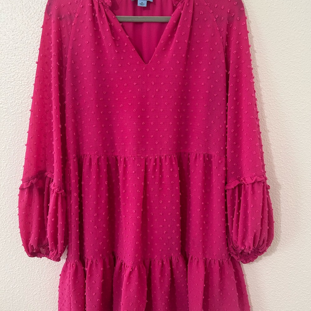 Chic Neon Pink Textured V-Neck Loose Mini Dress